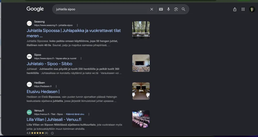 Google-hakutulos haulla juhlatila sipoo