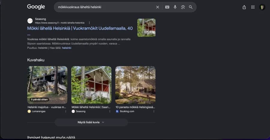 Google-hakutulos haulla mökkivuokraus läheltä helsinki